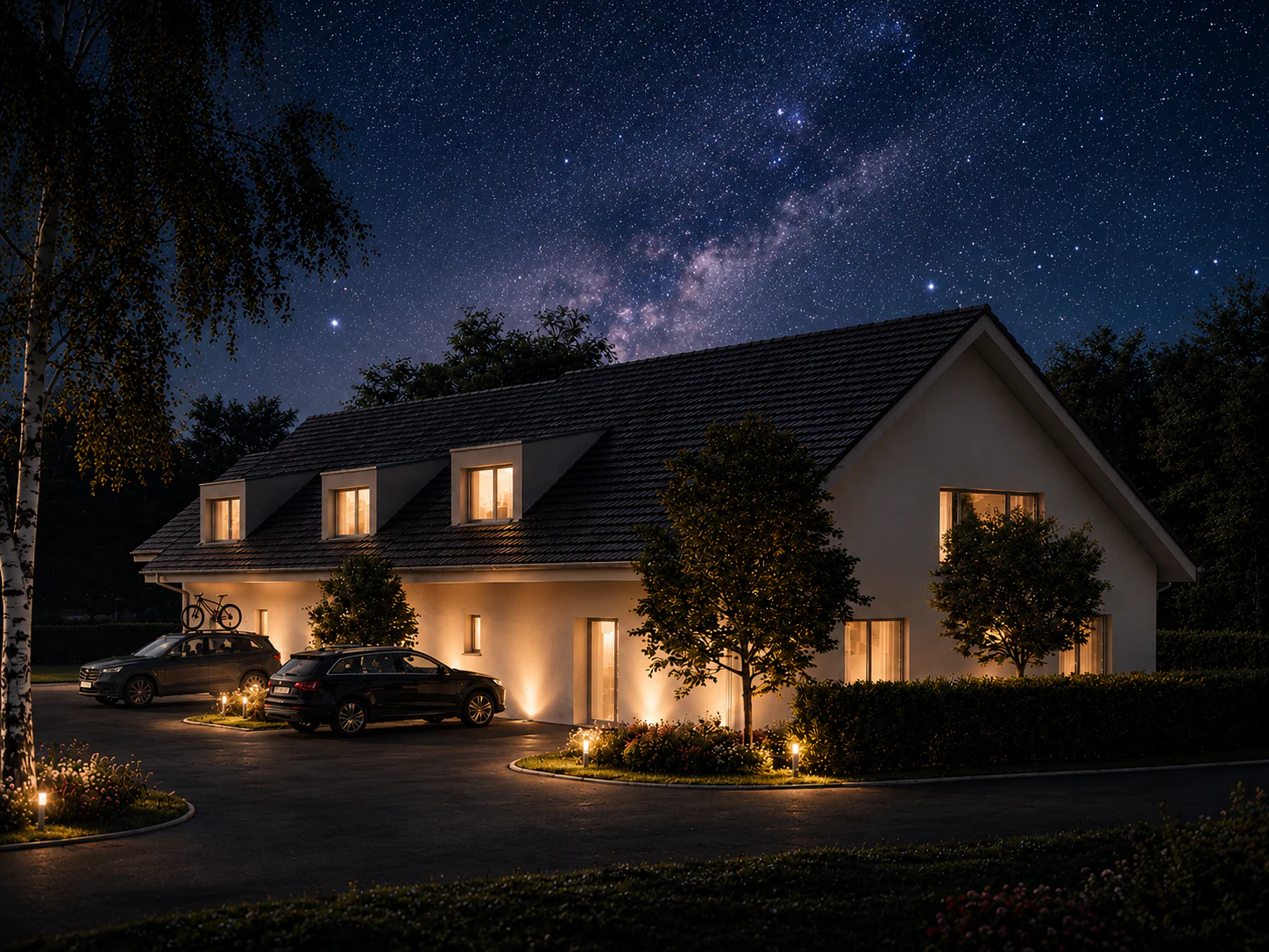 Architectural visualization of a contemporary home at dusk