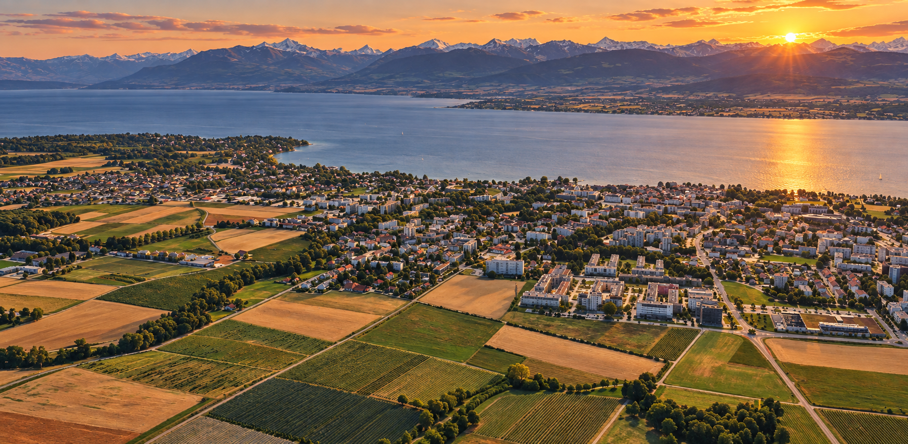 Vue aérienne du lac et des montagnes depuis les alentours de Plantaz